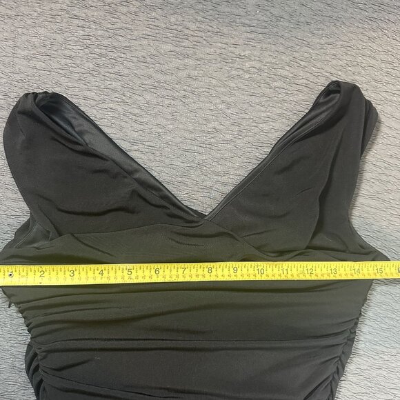 Express Black Knee Length Dress With Ruching, V-Neck,‎ Side Zipper, Stretch - Picture 8 of 10